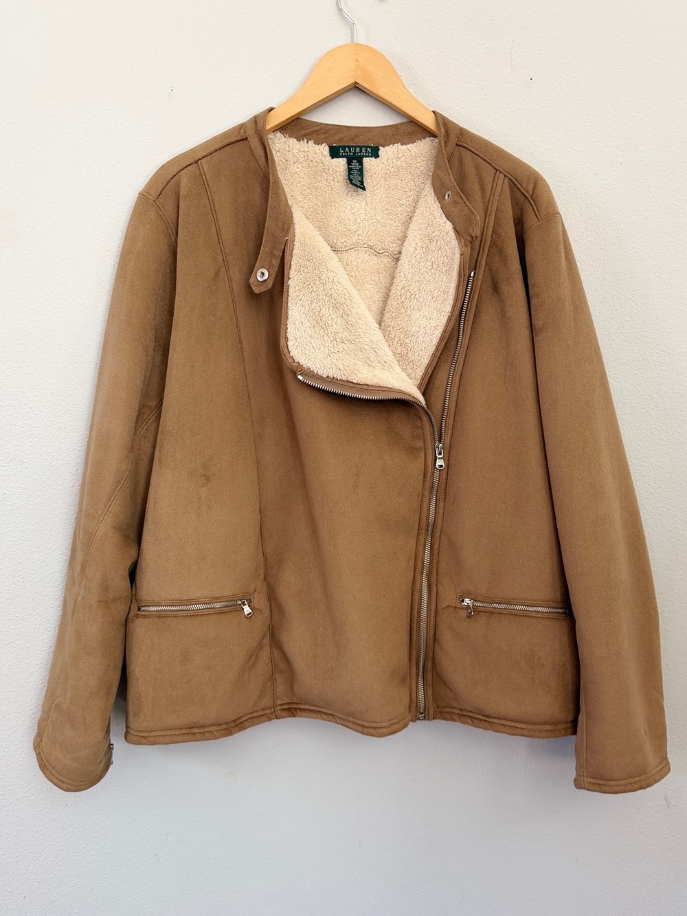 Lauren Ralph Lauren Faux Suede Sherpa Moto Jacket Tan 3X
